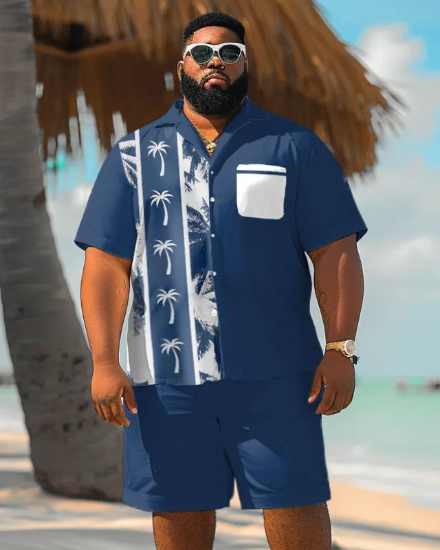 Men's Plus Size Hawaiian Colorblock Coconut Tree Print Pocket Shirt Shorts Suit sold by Biggmans