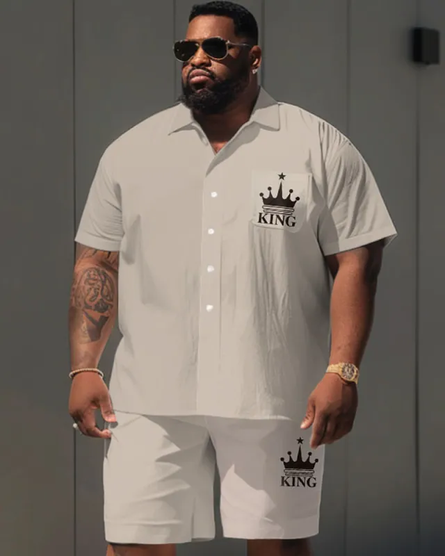 Men's Plus Size Casual Simple King Letter Print Pocket Short Sleeve Shirt Shorts Suit sold by Biggmans