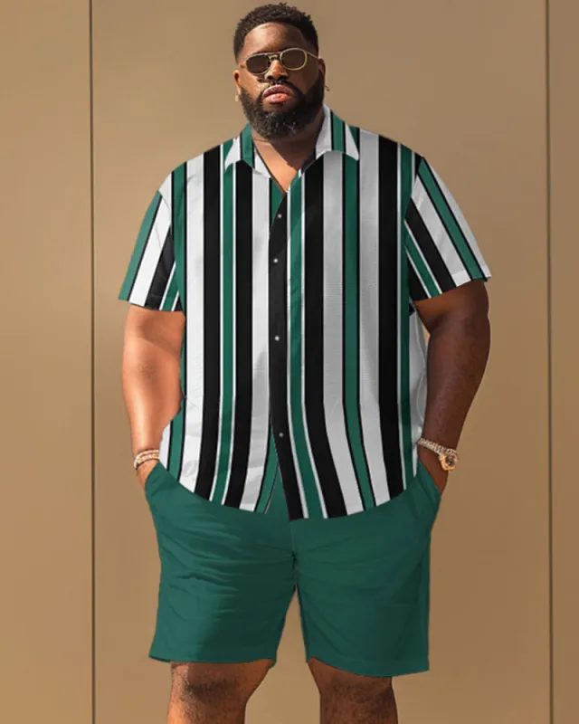Men's Plus Size Casual Simple Striped Print Short Sleeve Shirt Shorts Suit sold by Biggmans