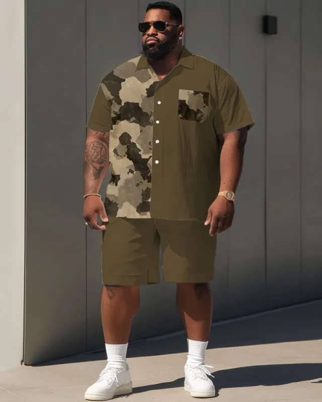 Men's Plus Size Simple Casual Retro Camouflage Colorblock Printed Pocket Shirt Shorts Suit sold by Biggmans