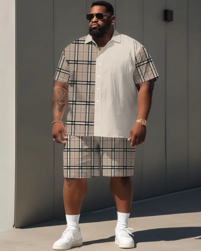 Men's Plus Size Simple Casual Plaid Colorblock Printed Shirt Shorts Suit sold by Biggmans