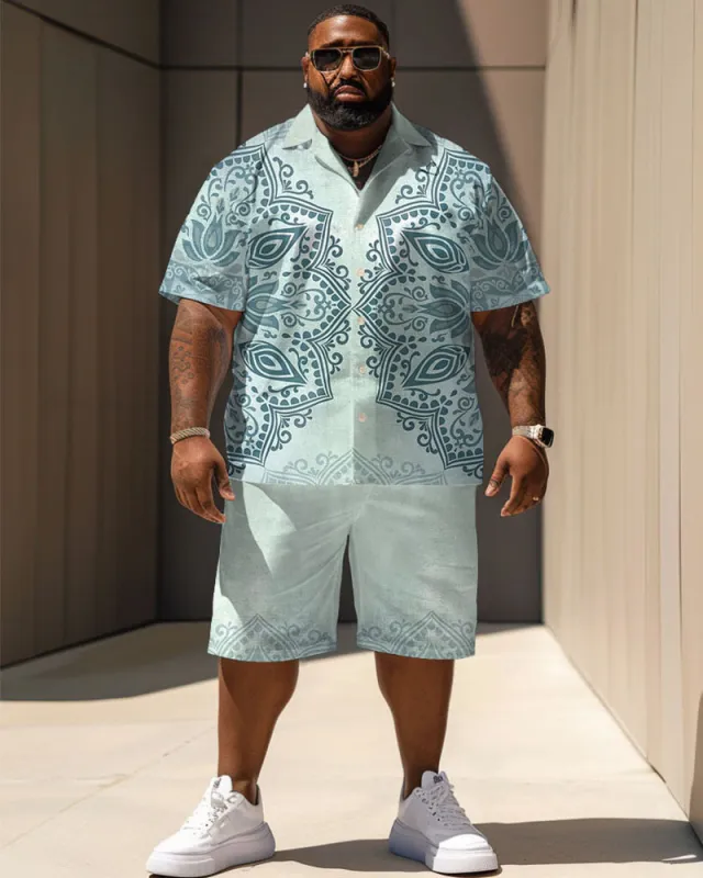 Men's Plus Size Daily Casual Pale Blue Simple Retro Geometric Print Shirt Shorts Suit sold by Biggmans