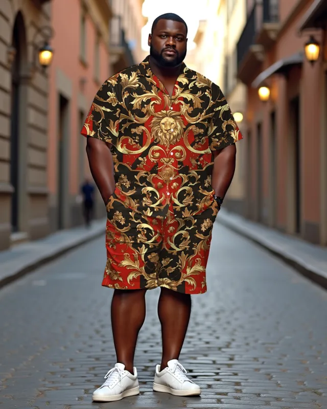 Men's Plus Size Luxury Retro Lion Head Print Casual Cuban Nare Short Sleeve Shirt Shorts Suit sold by Biggmans