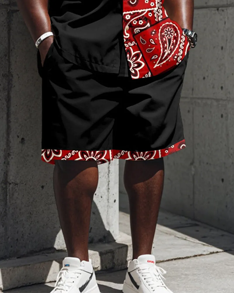 Men's Plus Size Street Fashion Paisley Colorblock Black Red Print Shirt Shorts Suit sold by Biggmans product image thumbnail 3