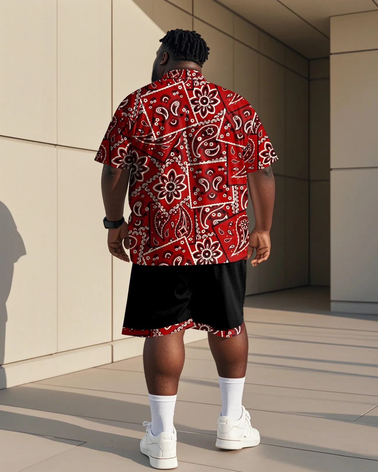 Men's Plus Size Street Fashion Paisley Colorblock Black Red Print Shirt Shorts Suit sold by Biggmans product image thumbnail 4