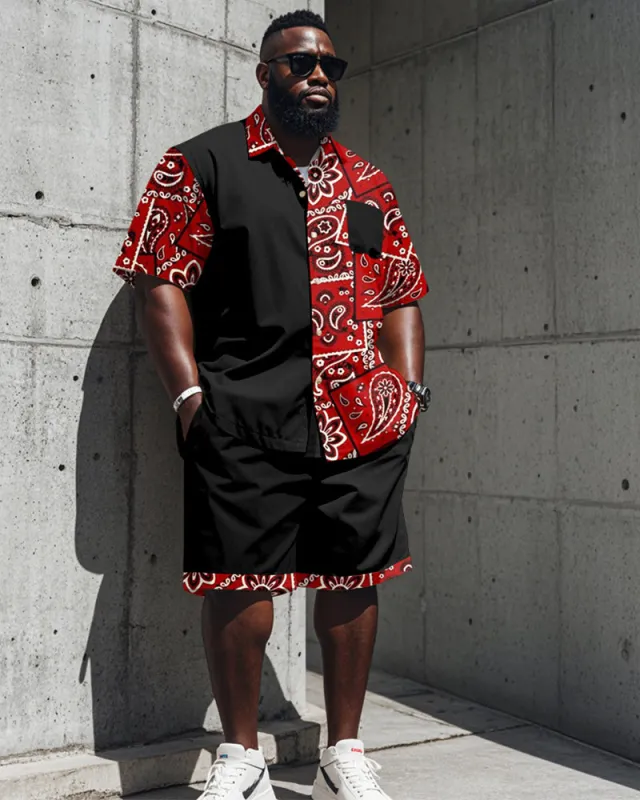 Men's Plus Size Street Fashion Paisley Colorblock Black Red Print Shirt Shorts Suit sold by Biggmans