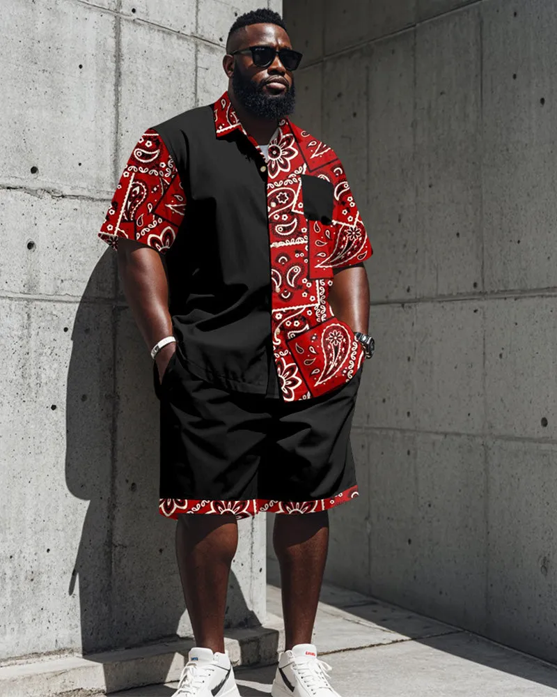 Men's Plus Size Street Fashion Paisley Colorblock Black Red Print Shirt Shorts Suit sold by Biggmans