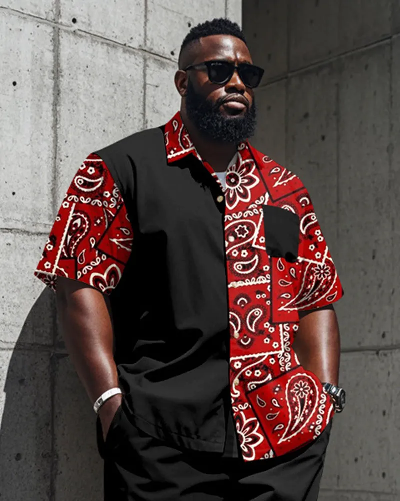 Men's Plus Size Street Fashion Paisley Colorblock Black Red Print Shirt Shorts Suit sold by Biggmans product image thumbnail 2