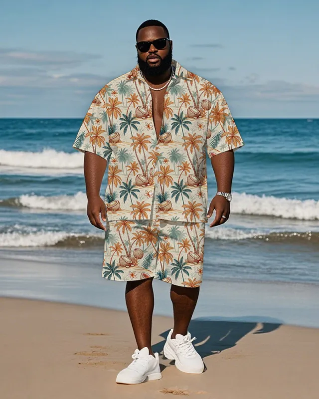 Men's Plus Size Hawaiian Hand Painted Orange Coconut Tree Coconut Print Shirt Shorts Suit sold by Biggmans