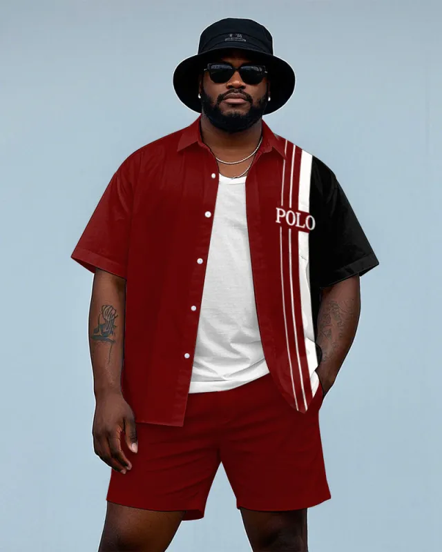 Big Men's Simple POLO Letter & Splicing Color Block Printed Short Sleeve Shirt Shorts Set sold by Biggmans