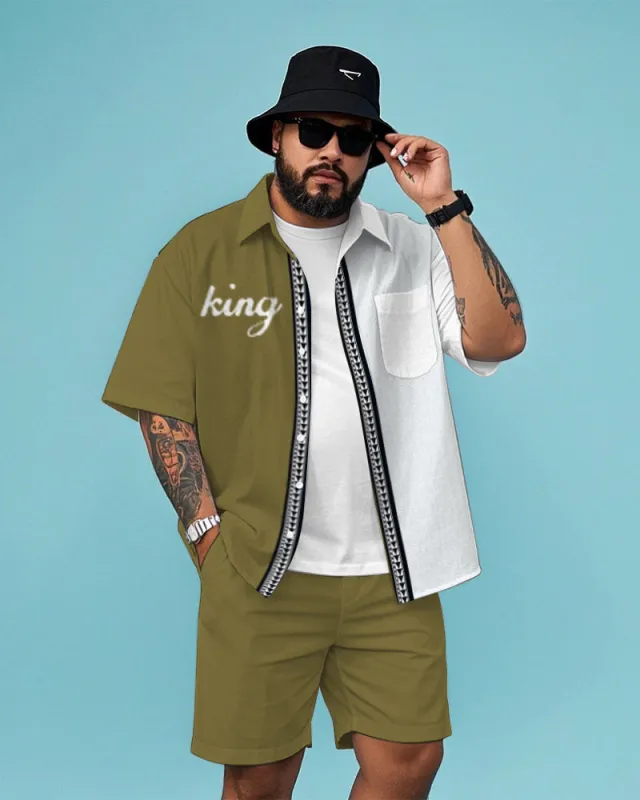 Big Men's Fashion King Letter & Splicing Placket Pattern Printed Short Sleeve Shirt and Shorts Set sold by Biggmans