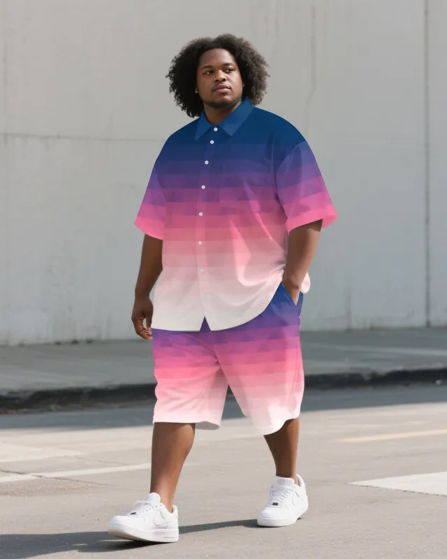 Big Guy's Pink Theme Layered Gradient Style 2-Piece Short-Sleeve Shirt & Shorts Suit sold by Biggmans