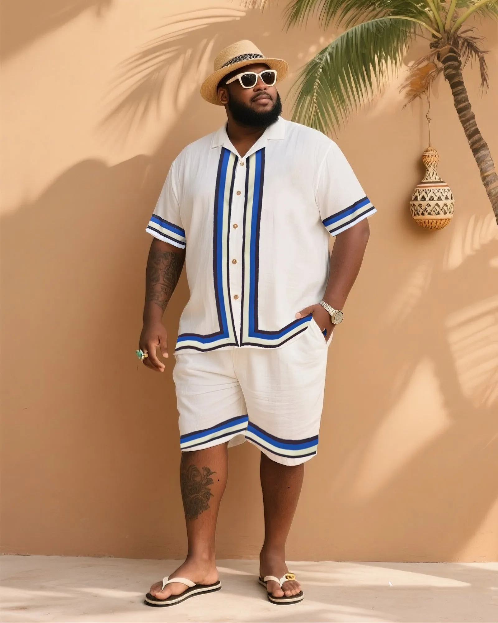 Big Men's Vacation Casual Bohemian Style Blue Striped Edge Textured White Short Sleeve Shirt Shorts Suit sold by Biggmans