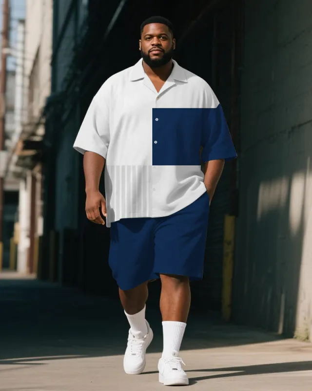 Men's Plus Size Casual Business Blue Geometric Stripe Alphabet Print Shirt Shorts Suit sold by Biggmans