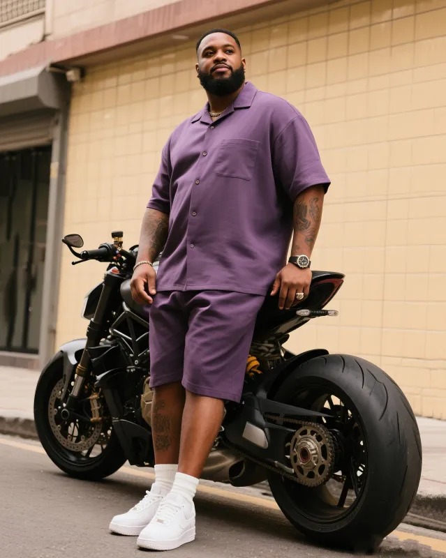 Big & Tall Men's Street Motorcycle Clean Purple Short Sleeve Shirt Shorts Suit sold by Biggmans