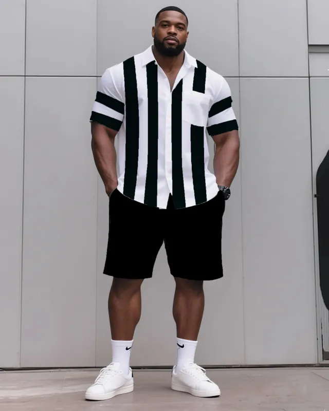 Big & Tall Men's Daily Casual Black & Grey & Wine Red & Fluorescent Green & Blue & Dark Blue. Big Striped Shirt Shorts Suit sold by Biggmans