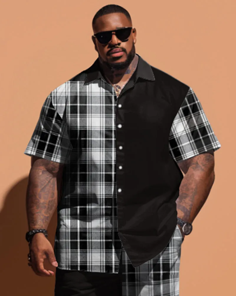 Men's Large Size Simple Solid Color Patchwork Plaid Short Sleeve Shirt And Shorts Set sold by Biggmans product image thumbnail 2