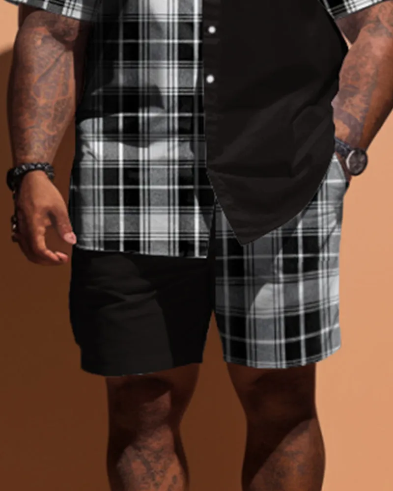 Men's Large Size Simple Solid Color Patchwork Plaid Short Sleeve Shirt And Shorts Set sold by Biggmans product image thumbnail 3