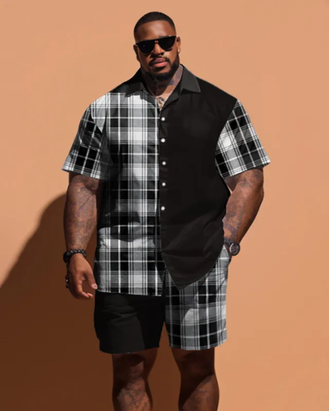 Men's Large Size Simple Solid Color Patchwork Plaid Short Sleeve Shirt And Shorts Set sold by Biggmans