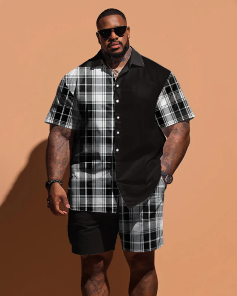 Men's Large Size Simple Solid Color Patchwork Plaid Short Sleeve Shirt And Shorts Set sold by Biggmans