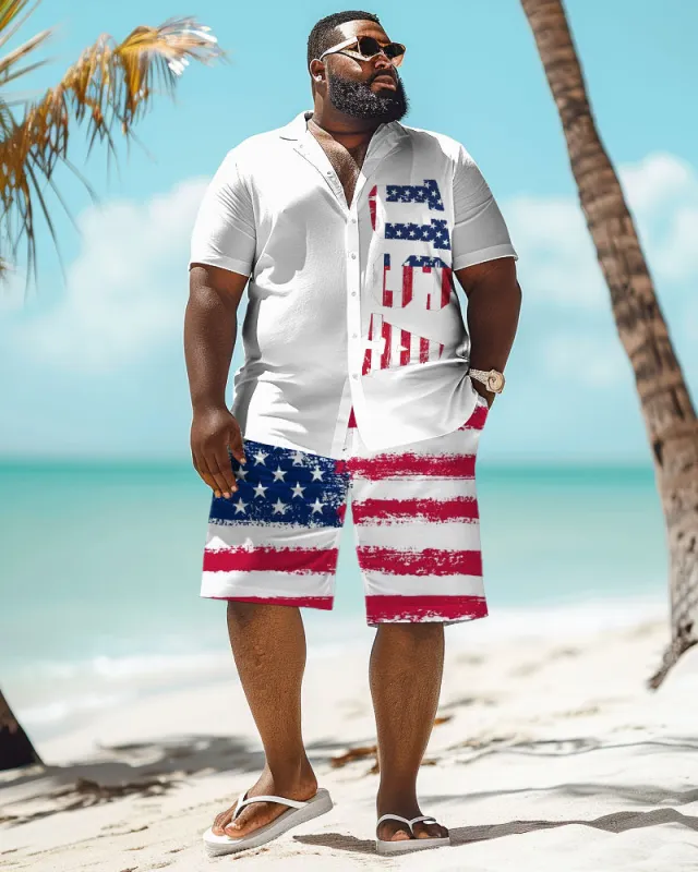 Men's Plus Size Independence Day Flag Gesture Print Short Sleeve Shirt Shorts Suit sold by Biggmans