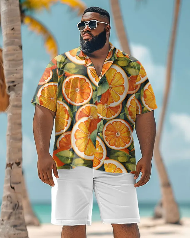 Men's Plus Size Hawaiian Orange Cut Print Shirt Shorts Suit sold by Biggmans