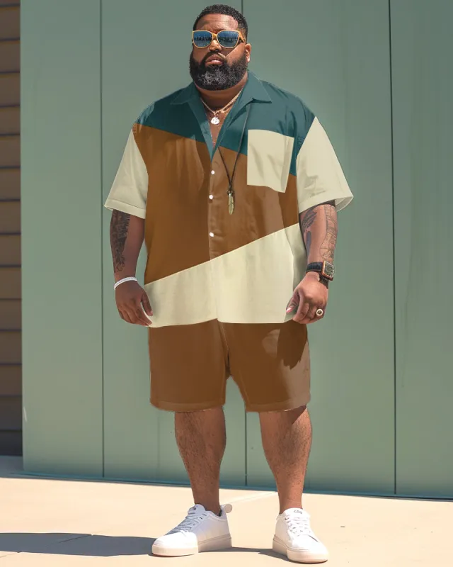 Men's Plus Size Simple Color Matching Short Sleeve Shirt Shorts Suit sold by Biggmans