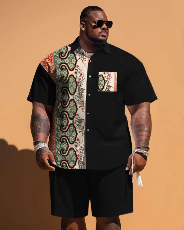 Men's Plus Size Simple Pattern Patchwork Printing Pocket Short-sleeved Shirt Shorts Suit sold by Biggmans