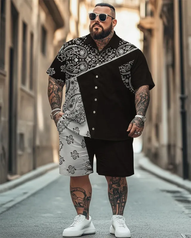 Men's Plus Size Street Fashion Paisley Colorblock Black And White Print Shirt Shorts Suit sold by Biggmans
