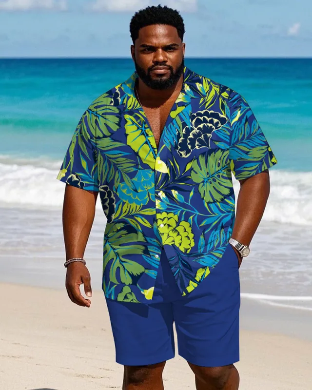 Men's Plus Size Hawaiian Royal Blue Large Leaf Shirt Shorts Suit sold by Biggmans