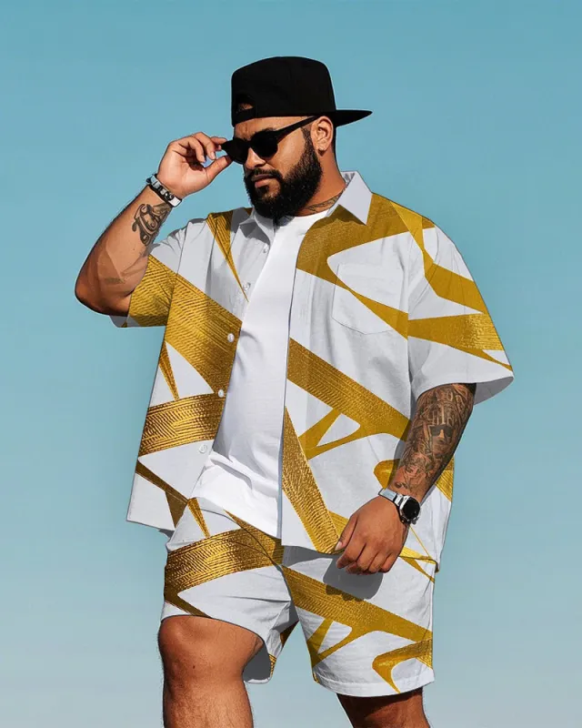 Men's Classic Golden Geometric Pattern Printed Big Size Short Sleeve Shirt and Shorts Set sold by Biggmans