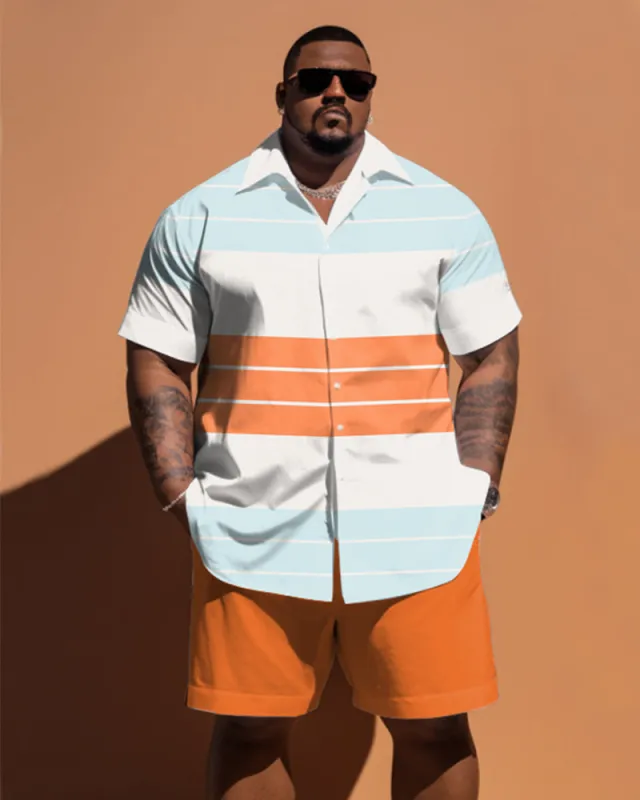 Men's Plus Size Color Contrast Striped Patchwork Short Sleeve Shirt Shorts Set sold by Biggmans