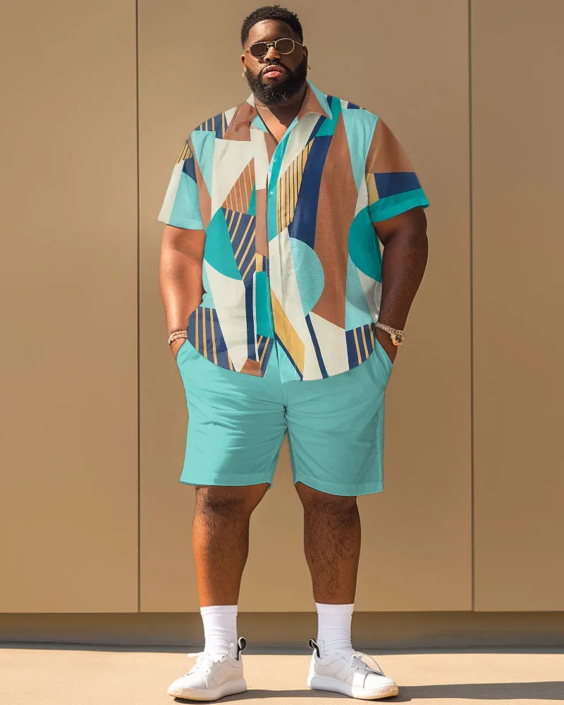 Men's Plus Size Simple Geometric Contrast Short Sleeve Shirt And Shorts Set sold by Biggmans