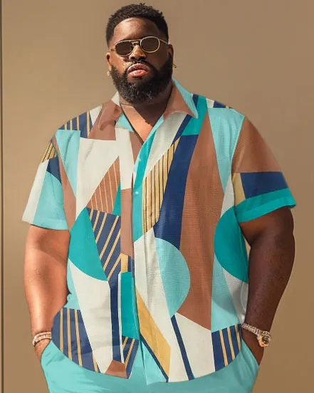 Men's Plus Size Simple Geometric Contrast Short Sleeve Shirt And Shorts Set sold by Biggmans product image thumbnail 2