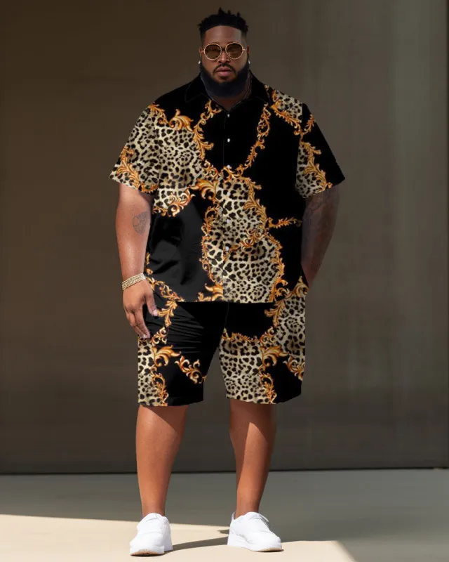 Men's Plus Size Retro Irregular Leopard Print Short Sleeve Shirt Shorts Set made by Biggmans