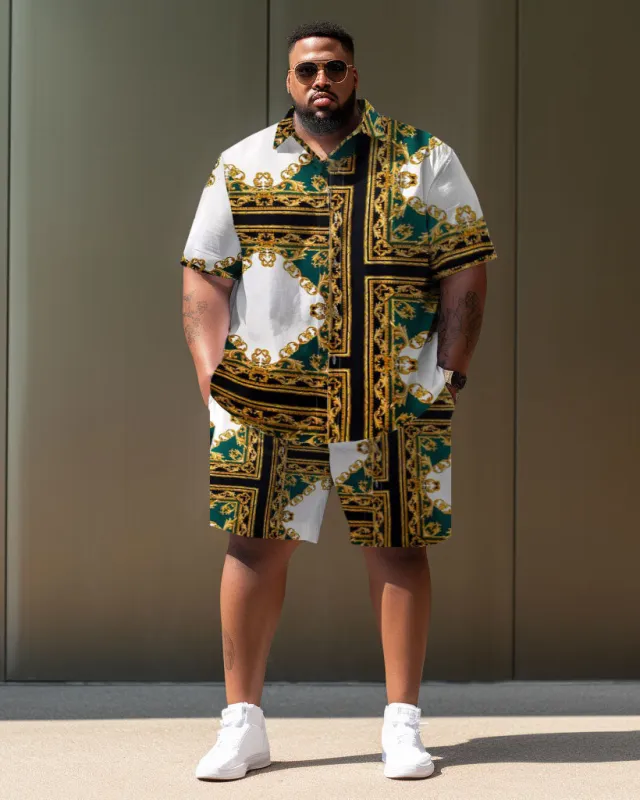 Men's Large Size Casual Chain Retro Elegant Street Short Shirt Shorts Suit sold by Biggmans