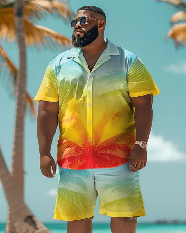 Men's Plus Size Hawaiian Gradient Coconut Tree Print Shirt Shorts Suit sold by Biggmans