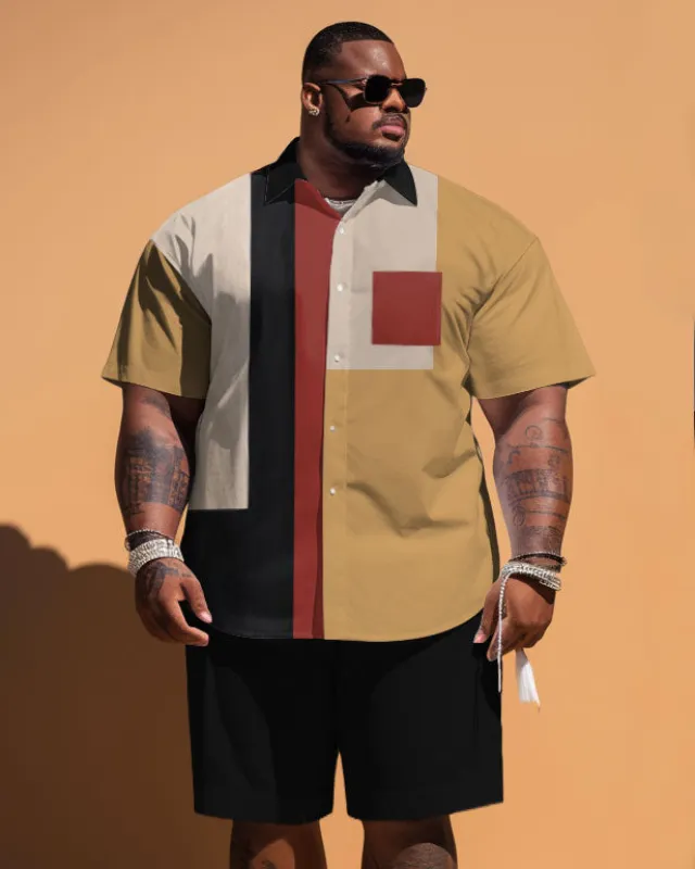 Men's Plus Size Simple Geometric Patchwork Printed Pocket Short Sleeve Shirt Shorts Suit sold by Biggmans