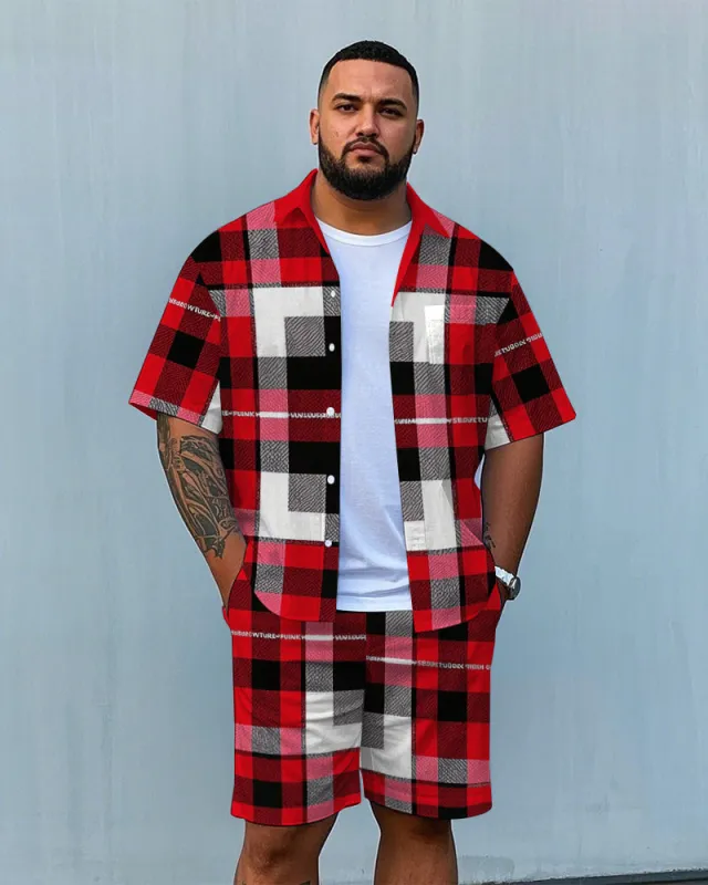 Big Men's Casual Simple Letter Bold Red Plaid Printed Short Sleeve Shirt and Shorts Set sold by Biggmans