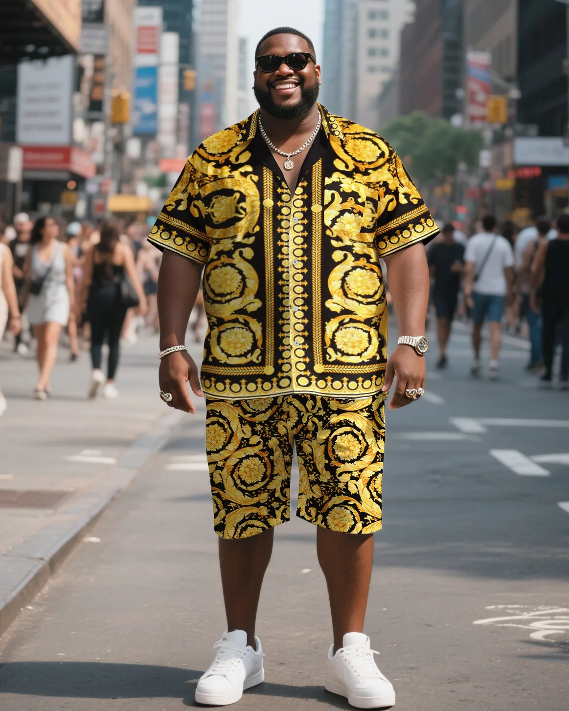 Big & Tall Men's Casual Golden Vintage Flowers Print Shirt Shorts Suit sold by Biggmans