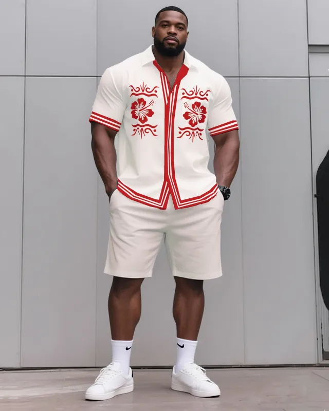 Big & Tall Men's Daily Casual Creamy-white Red Edge Creative Floral Shirt Shorts Suit sold by Biggmans