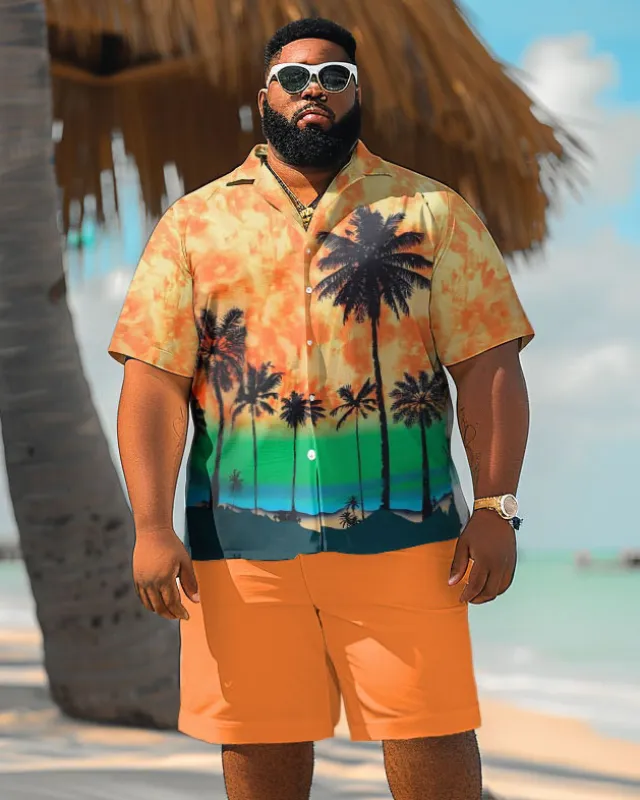 Men's Plus Size Hawaiian Sunset Coconut Tree Print Shirt Shorts Suit sold by Biggmans