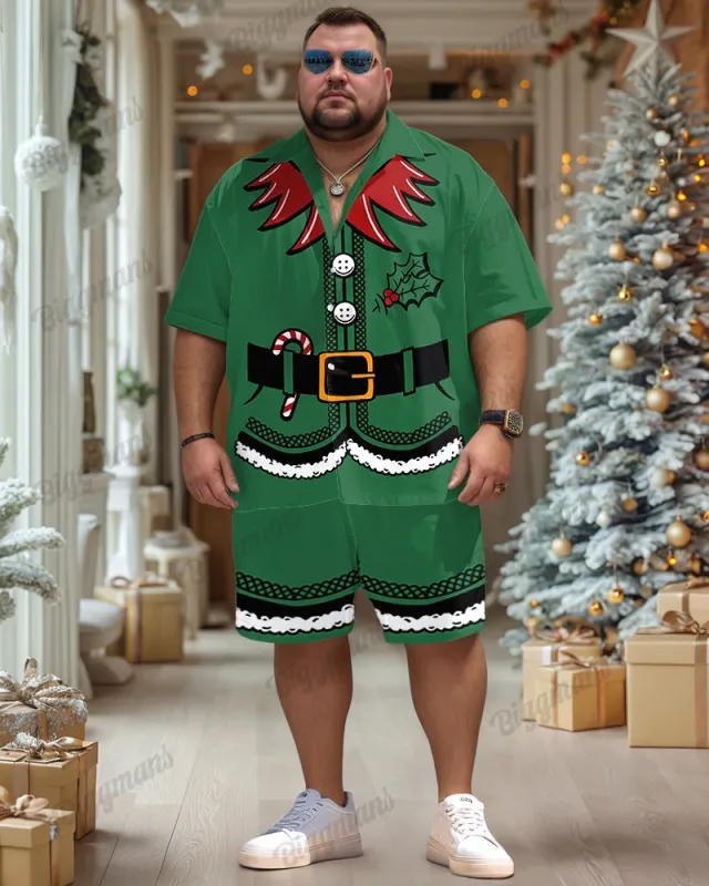 Men's Plus Size Christmas Green Elf Cosplay Printed Shirt Shorts Suit sold by Biggmans