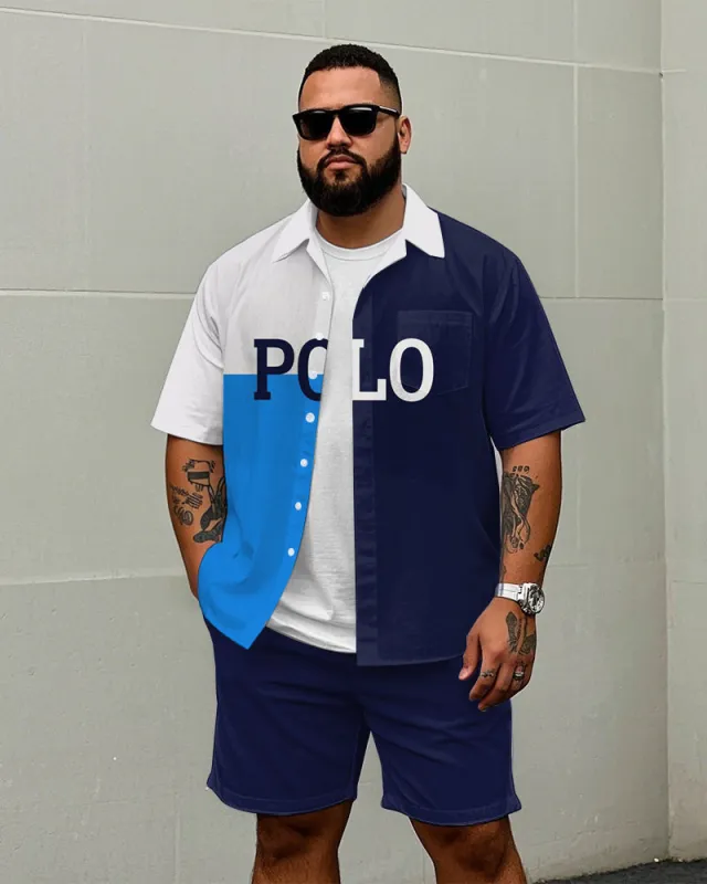 Men's Big Size Casual Modern Fashion POLO Letter Color Block Printed Short Sleeve Shirt Shorts Set sold by Biggmans