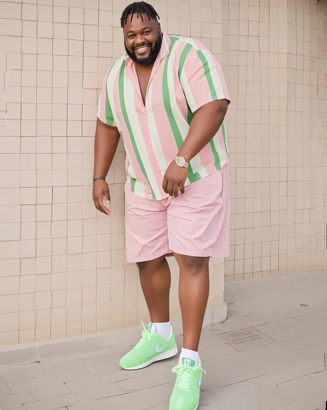Big Man's Holiday Vacation/Casual Green Pink Striped Color Block Printing Short Sleeve Shirt Pink Shorts Suit sold by Biggmans