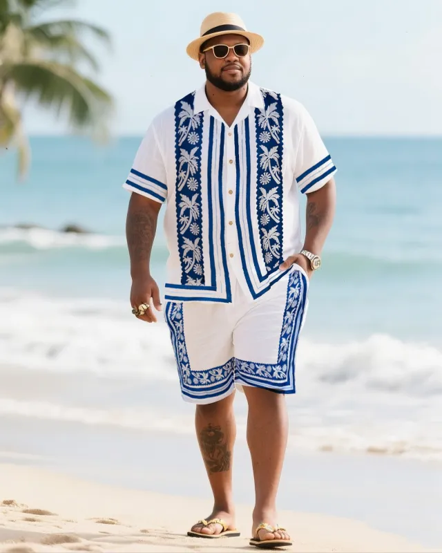 Big Men's Vacation Casual Bohemian Style Blue Vintage Striped Edge Textured White Short Sleeve Shirt Shorts Suit sold by Biggmans