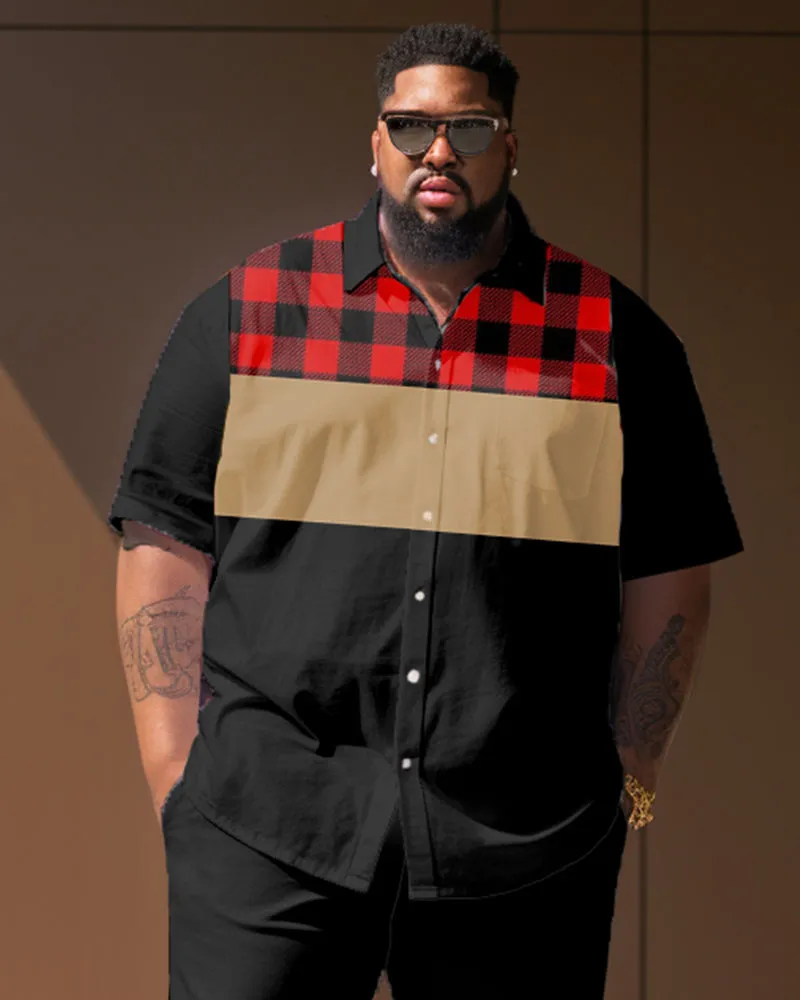 Big Men's Plaid Color Block Stitching Short Sleeve Shirt Shorts Set sold by Biggmans product image thumbnail 2
