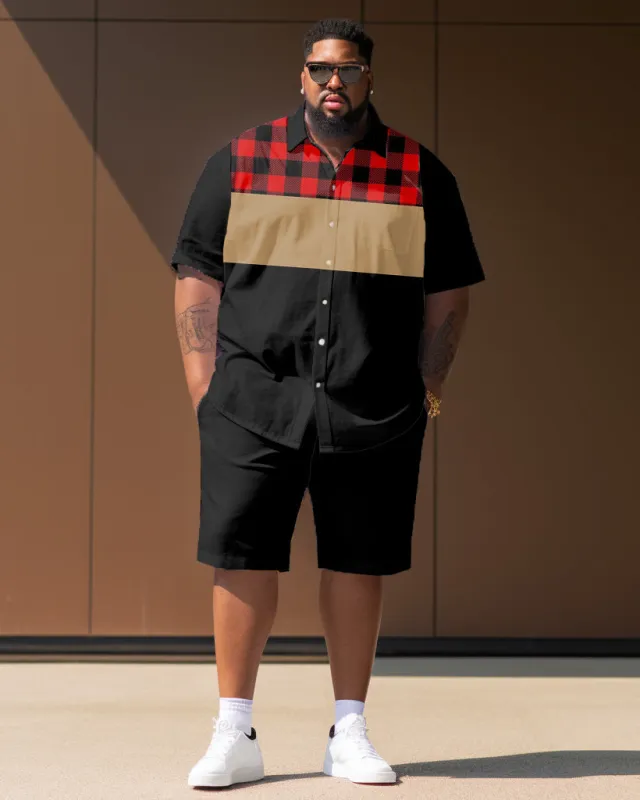 Big Men's Plaid Color Block Stitching Short Sleeve Shirt Shorts Set sold by Biggmans