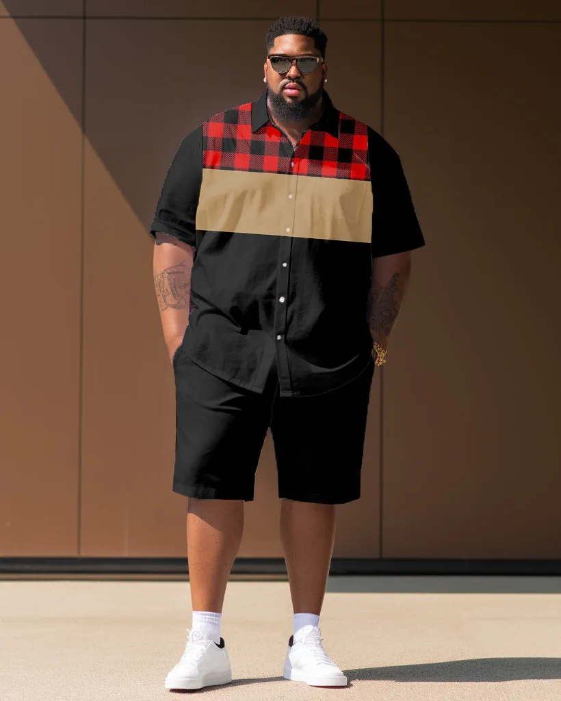 Big Men's Plaid Color Block Stitching Short Sleeve Shirt Shorts Set sold by Biggmans