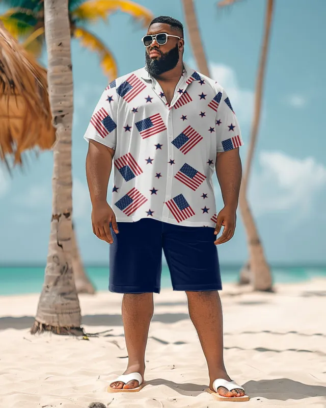 Big Men's Summer Independence Day Flag Print Shirt Shorts Set sold by Biggmans